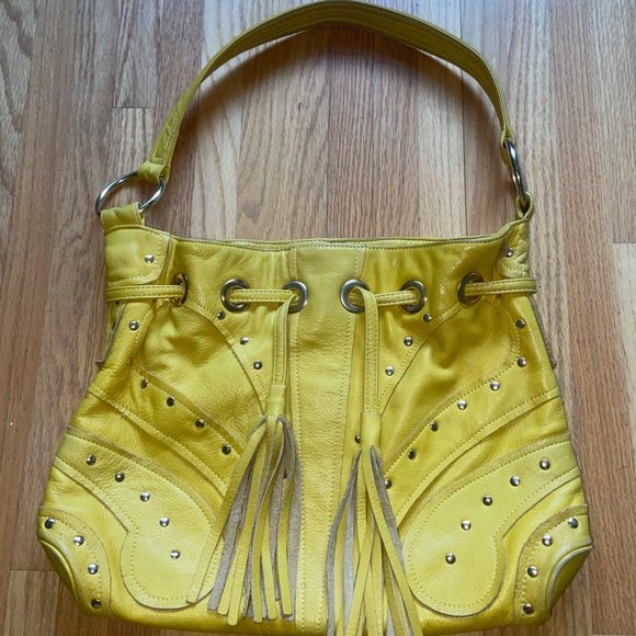 BULGA Small Studded Tassle Yellow Leather Bag Excellent Condition - Picture 7 of 8